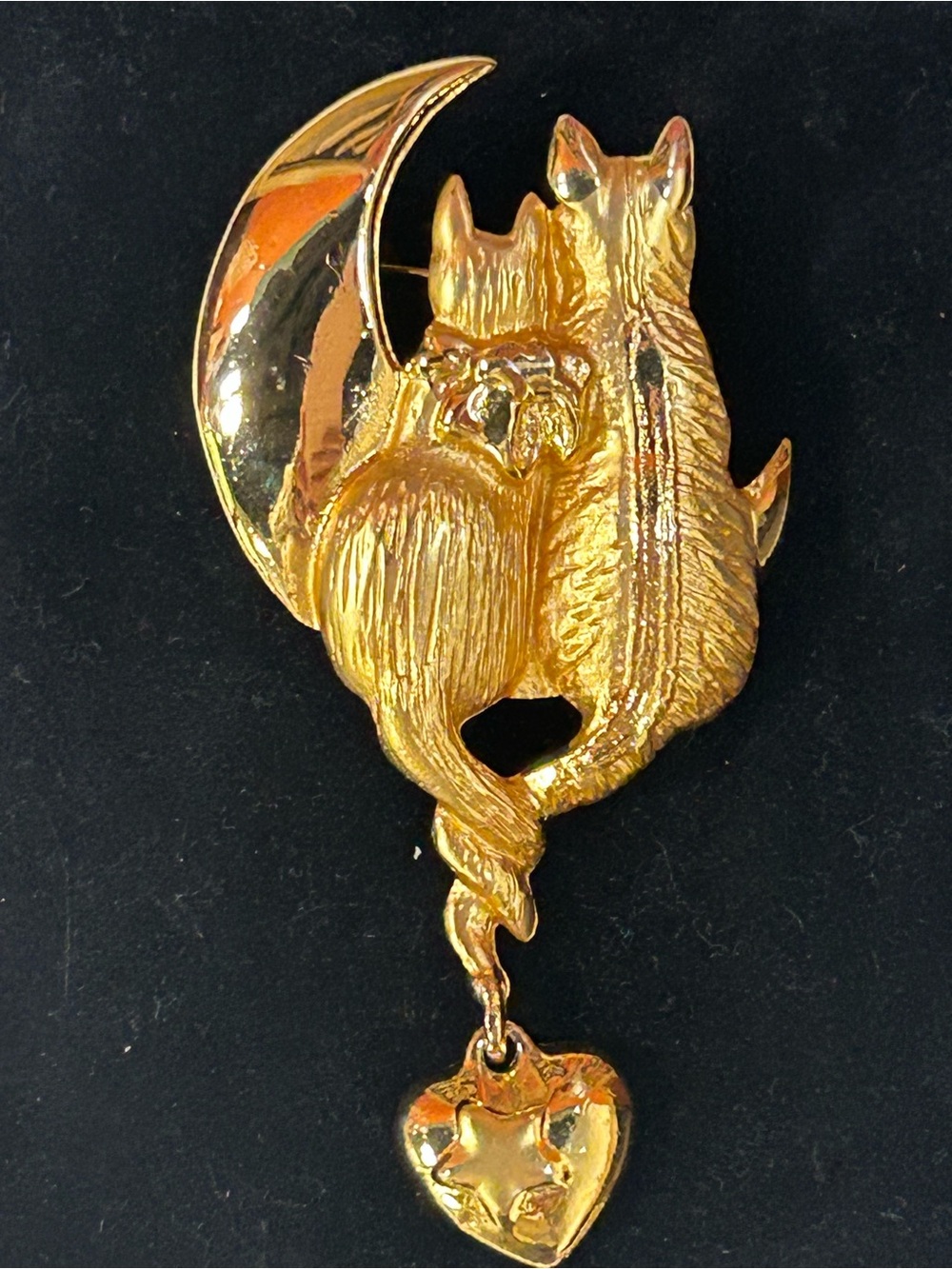 AJC Vintage Gold Cat Duo Moon Pendant Brooch